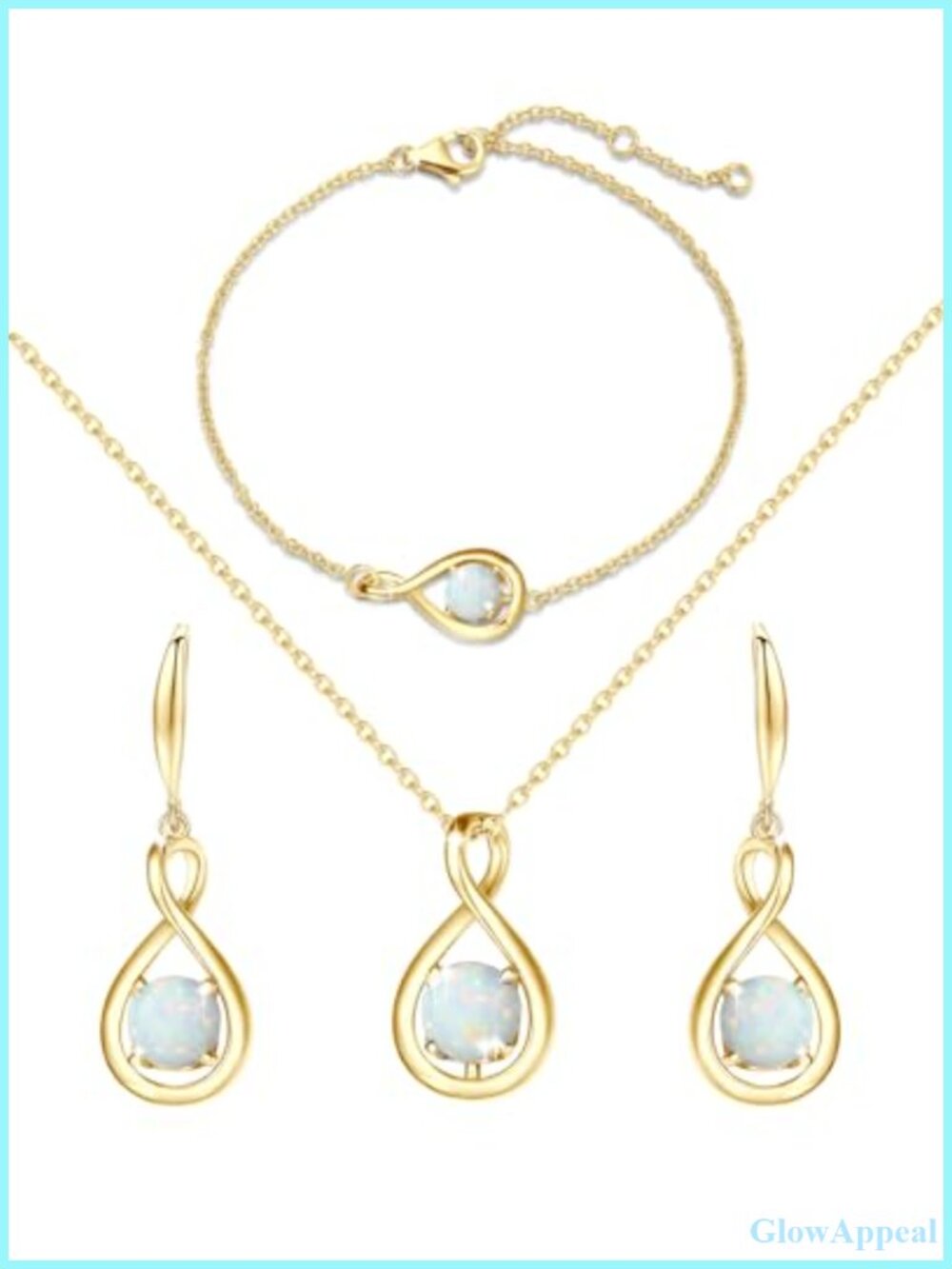 Sterling Silver Yellow Gold Plated Opal Infinity Necklace Bracelet Earrings Set